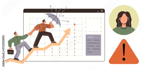 Two people collaborate to navigate a rising graph line on a chart while handling risks, represented by an umbrella and warning sign. Ideal for teamwork, leadership, problem-solving, business growth