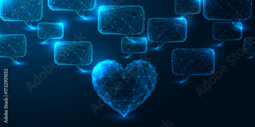 Emotional AI and digital empathy communication with glowing heart and speech bubbles