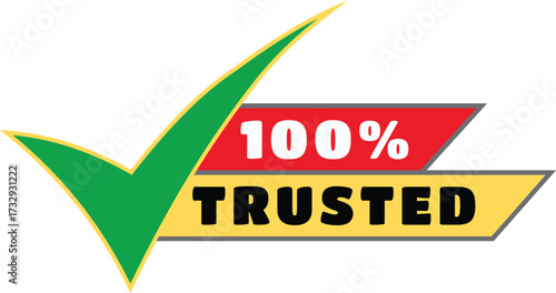 100 Percent Trusted Check Mark Emblem with Red and Yellow Banner symbol