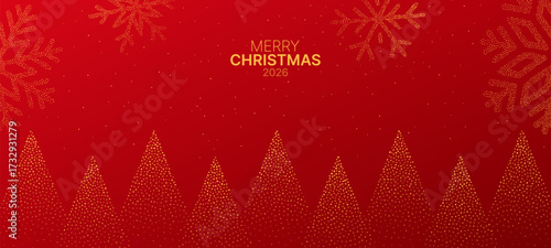 Merry Christmas 2026 text with abstract golden dotted snowflake and tree pattern on red background. Festive holiday card design.