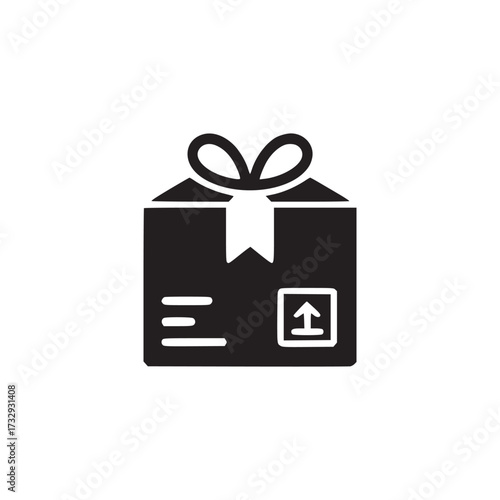 Illustration of a black gift box with a ribbon the box has an arrow pointing upwards, suggesting delivery or shipping perfect for ecommerce, online shopping, or logistics themes