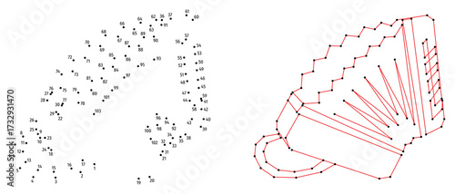 Musical instrument accordion. Connect the dots educational drawing game. Dot to dot by numbers puzzle. Google Font Fira Sans Condensed.