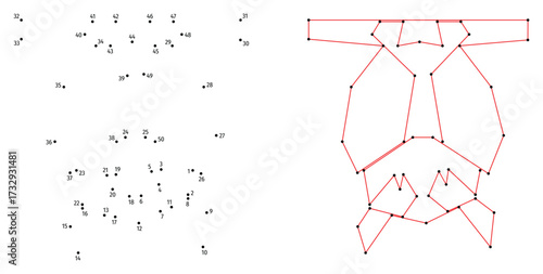 Bat sits on a branch upside down. Connect the dots educational drawing game. Dot to dot by numbers puzzle. Google Font Fira Sans Condensed.