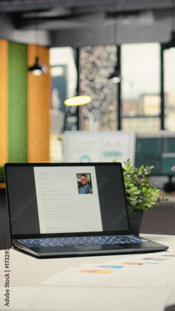 custom made wallpaper toronto digitalVertical Video Empty company space with a laptop showing CV applicant before job interview, space used for the recruitment process and reviewing qualifications or past work experience to align with