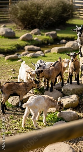 Adorable Baby Goats Grazing Outdoors.