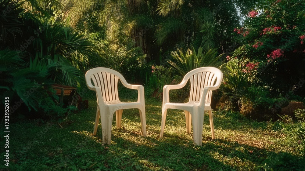 Obraz premium Invitation to Relax, Chairs Await in a Lush Garden