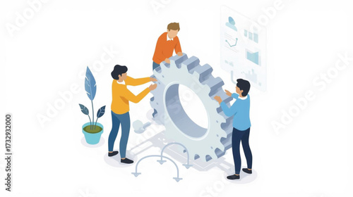 Business vector art of teamwork assembling a large gear, representing collaboration and engineering