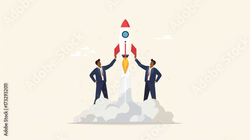 Business vector art of two businessmen launching a rocket, symbolizing startup and business growth