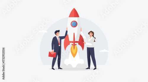Business vector art of businessman and businesswoman next to a rocket launching into space