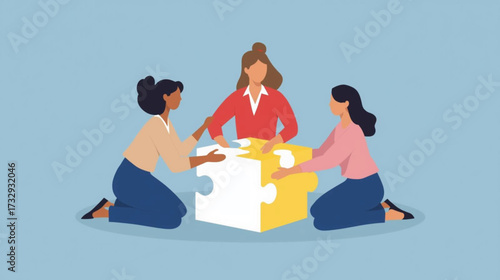 Business vector art of three women assembling a puzzle cube