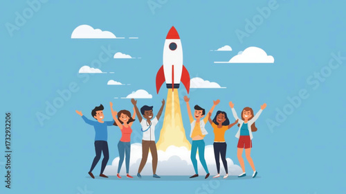 Business vector art of diverse group of people celebrating a rocket launch into the sky