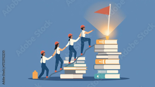 Business vector art of team climbing book stairs to reach goal flag at summit