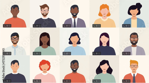 Business vector art of diverse group of people in a video conference grid