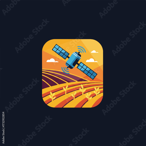 A satellite hovers over a colorful farm field under a sunset sky