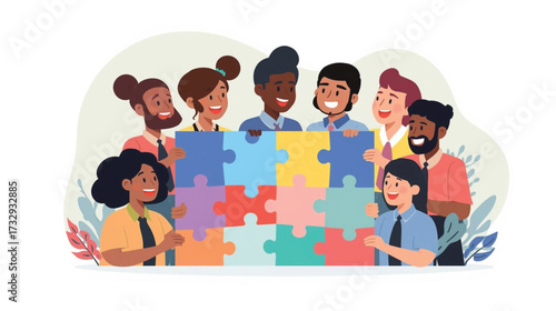 Business vector art of diverse group of people assembling a colorful puzzle, teamwork concept