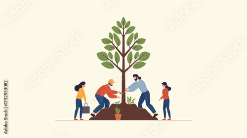 Business vector art of people planting a tree with green leaves isolated on beige background