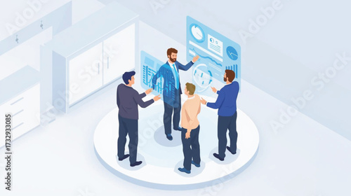 Business vector art of business people discussing data on a futuristic interactive screen