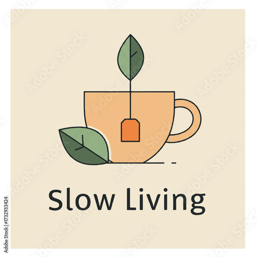 A stylized illustration of a teacup with tea bag and leaves text below