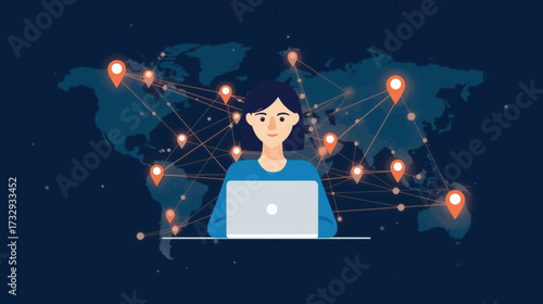 Business vector art of woman working on laptop with global network connections and map