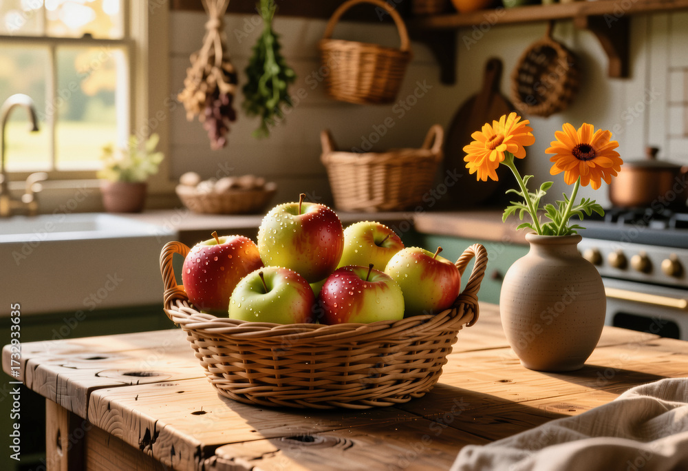 custom made wallpaper toronto digitalA wicker basket filled with red and green apples sits on a wooden countertop, next to a vase of bright orange flowers in a rustic kitchen.
