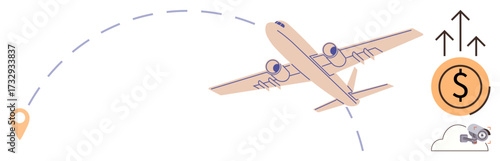 Airplane soaring above dashed route line, location pin, dollar symbol with upward arrows, small airplane on a cloud. Ideal for travel, tourism, budget planning, aviation, growth finance progress