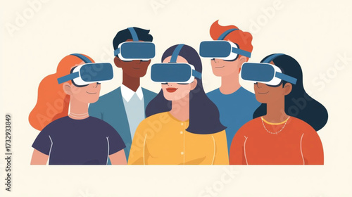 Business vector art of diverse group of people wearing virtual reality headsets, experiencing technology