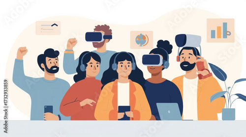 Business vector art of friends enjoying virtual reality together, using headsets and headphones