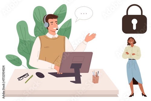 Customer service representative with headset at a desk assisting, speech bubble for interaction, lock symbol for security. Ideal for customer support, remote work, communication, privacy, online