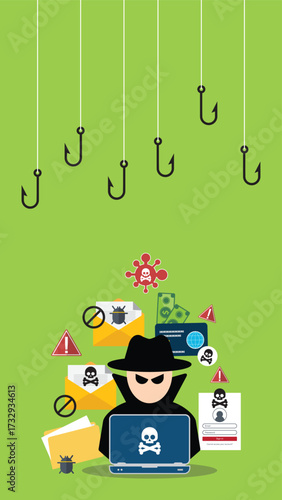 Hacker with laptop computer stealing confidential data, personal information and credit card detail. Hacking concept.