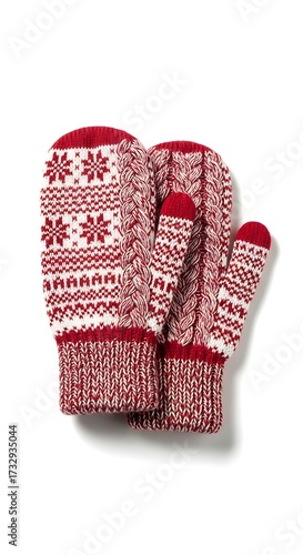 Red and White Knitted Mittens.