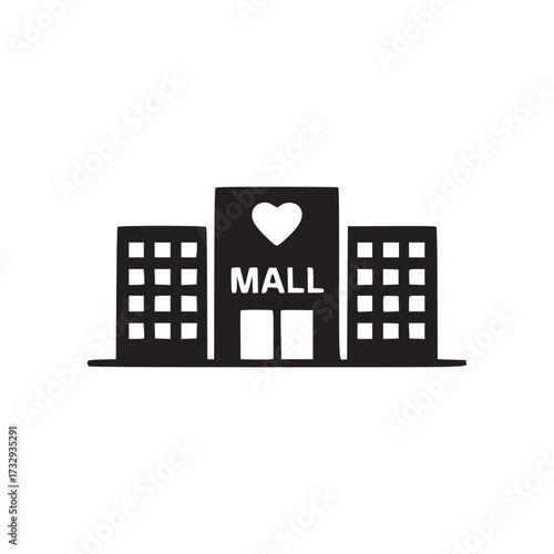 Vector art of shopping mall this icon represents a commercial center with multiple stores, symbolizing retail, shopping, and leisure activities, often featuring a heart to represent customer satisfact