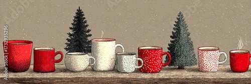 Festive display of assorted mugs and small pine trees in a cozy winter setting with snowfall