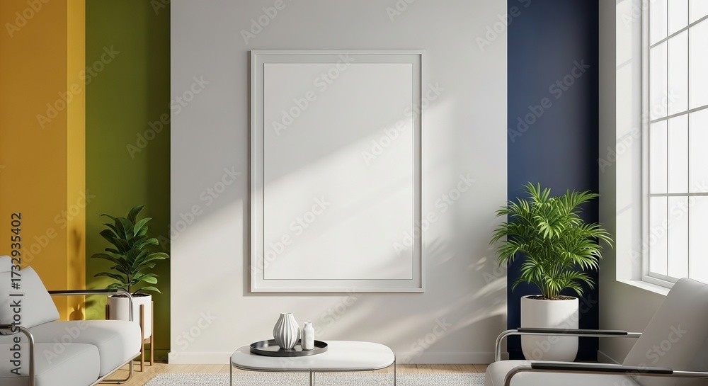Fototapeta premium Modern living room interior with a blank white poster frame mockup on the wall, perfect for displaying artwork in a stylish and minimalist home setting