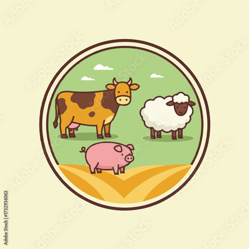 Cartoon animals  cow sheep and pig in a field