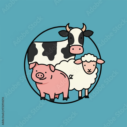 Cartoon farm animals cow pig and sheep inside a circle