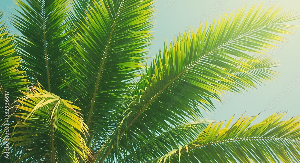 Fototapeta premium Palm tree leaves against a blue sky with sunlight shining through