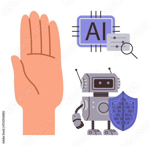 Human hand opposing robot, AI chip, and shield with binary code reflect themes of responsibility, security, and innovation. Ideal for AI ethics, safety, human-machine interaction, data security