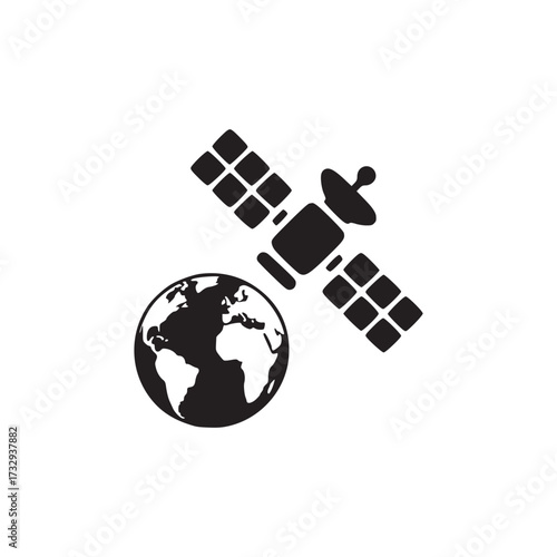 Illustration of a satellite orbiting the earth, the satellite is depicted in black silhouette, showcasing its solar panels and antenna against the backdrop of the globe