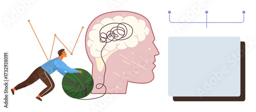 Man pushing a tangled yarn toward a head silhouette with a messy brain, symbolizing problem solving, mental clarity, focus, organization, perseverance, creativity, and design thinking. Simple flat
