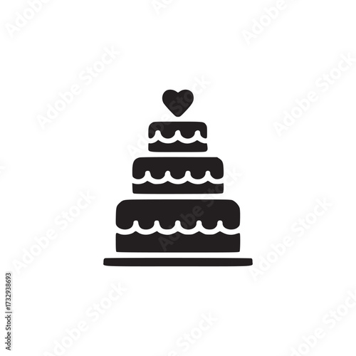 Vector art of elegant black wedding cake icon, perfect for wedding invitations, bakery logos, or dessertthemed designs, showcasing a tiered cake with a heart on top in a minimalist style