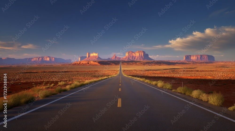 Fototapeta premium Endless road to monument valley at sunset. AI image