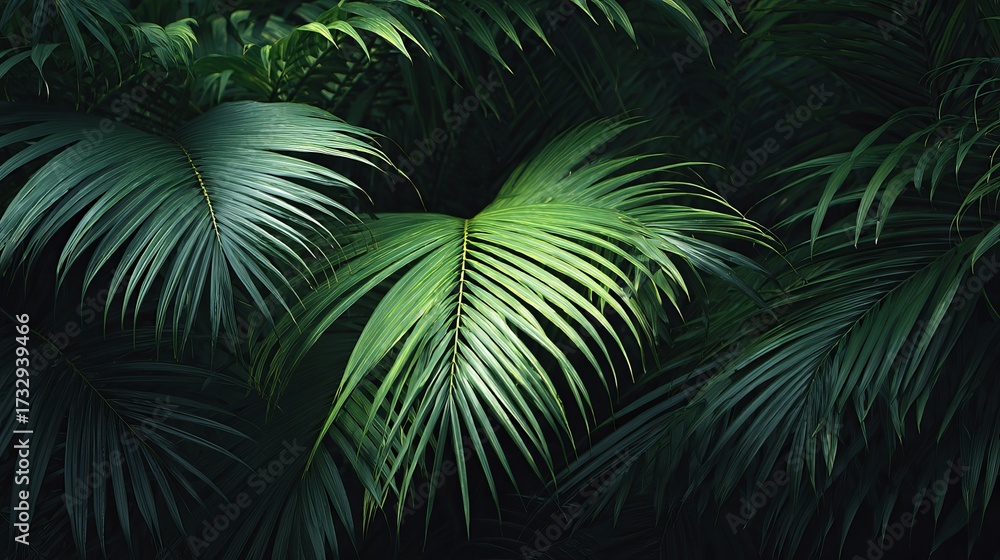 Fototapeta premium Tropical palm leaf texture in deep green tones for nature backdrop.