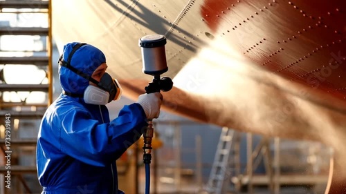 Professional aircraft technician in protective suit spray painting airplane fuselage in industrial hangar workshop