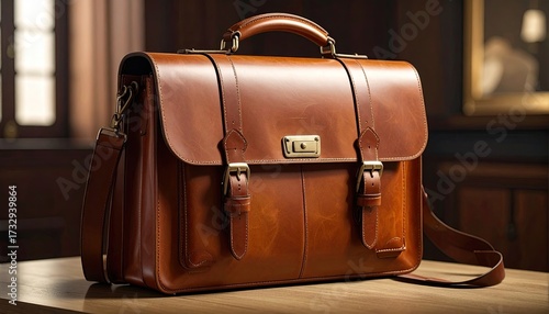 A rich brown leather briefcase sits on a wooden surface, showcasing its classic design with buckles and a shoulder strap; the warm lighting enhances the luxurious texture of the leather