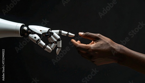 Wallpaper Mural A robotic hand and a human hand reach towards each other against a dark background, fingers nearly touching, symbolizing connection between artificial intelligence and humanity Torontodigital.ca