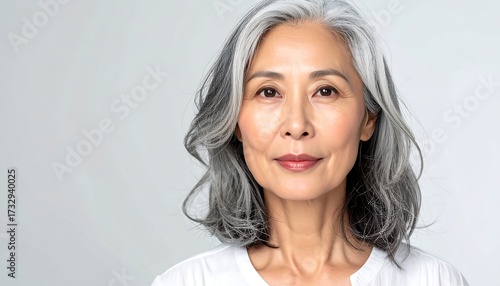 A serene portrait of an older Asian woman with flowing grey hair, gentle features, and a warm, inviting expression
