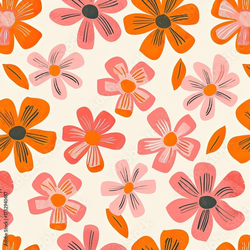 A seamless pattern featuring stylized flowers in shades of orange and pink on a cream background.  The flowers have a simple, slightly abstract design