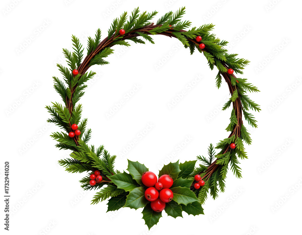 Fototapeta premium Festive Christmas Wreath with Greenery and Red Berries Decoration