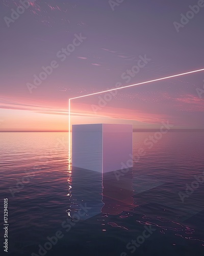 A serene sunset scene over calm water, featuring a floating, softly-lit cube intersected by a horizontal line of light