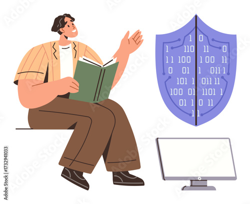 Person with open book raising hand, shield with binary code, and monitor. Ideal for cybersecurity, learning, education, technology, digital literacy data protection online safety. Simple flat
